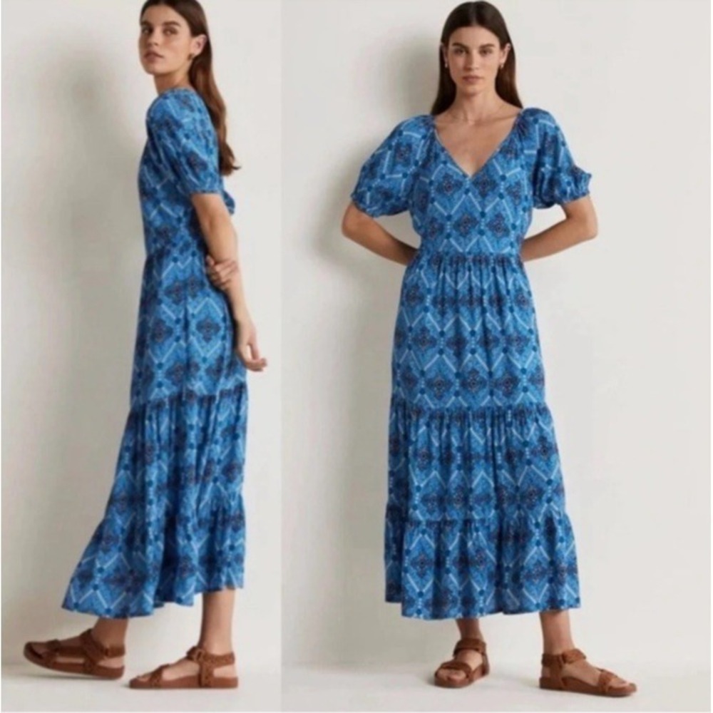 BODEN V-Neck Tiered Midi Dress Mosaic Blue Poppy Bloom Size 6R